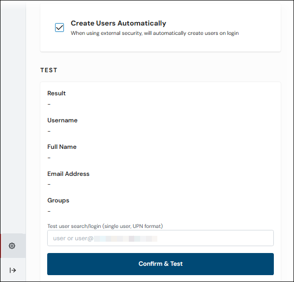 The Test area on the Users and Groups page before testing the configuration settings.